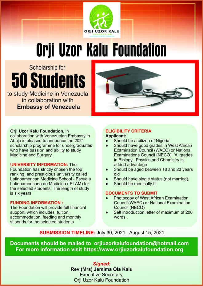 Orji Uzor Kalu Foundation  Announces  Scholarship for 50 Students to Study Medicine in Venezuela