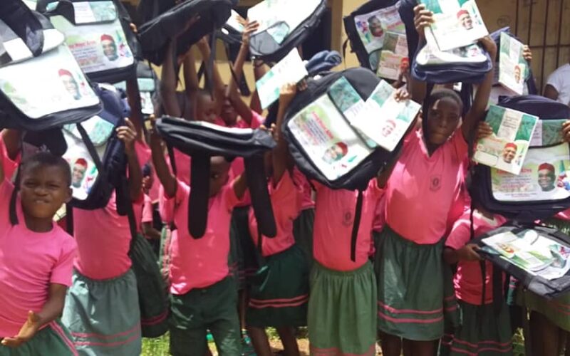 Photos: Abia Students Shower Praises on Sen Orji Kalu as they Receive Educational Materials 