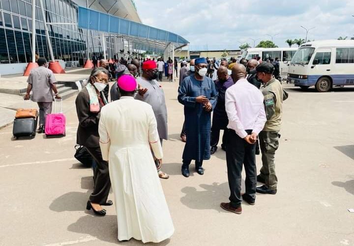 Anambra 2021: INEC Chairman, Prof Mahmood Yakubu, Bishop Kukah, others arrive Enugu ahead of stakeholders meeting (PHOTOS)