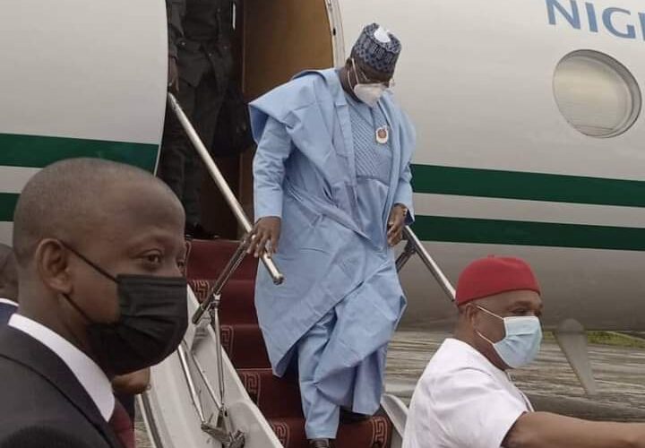 PHOTOS: Lawan, Kalu, Orji arrive Owerri en route Aba for project commissioning