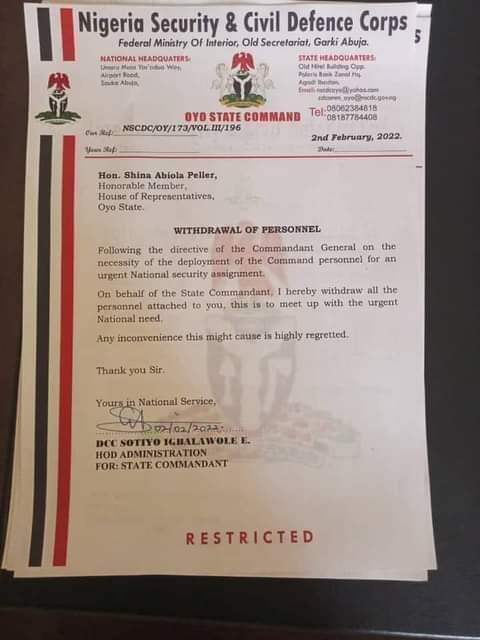 BREAKING: NSCDC Boss Withdraws All Personnel Attached To Shina Peller For Sponsoring Bill Seeking To Scrap Security Agency 4 FB IMG 1643831792776